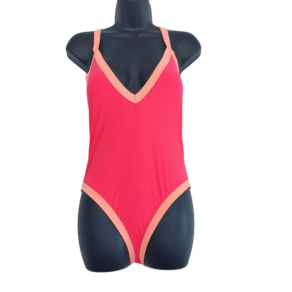 Beach Joy Medium Neon Pink Peach Criss Cross One Piece Swimsuit NEW